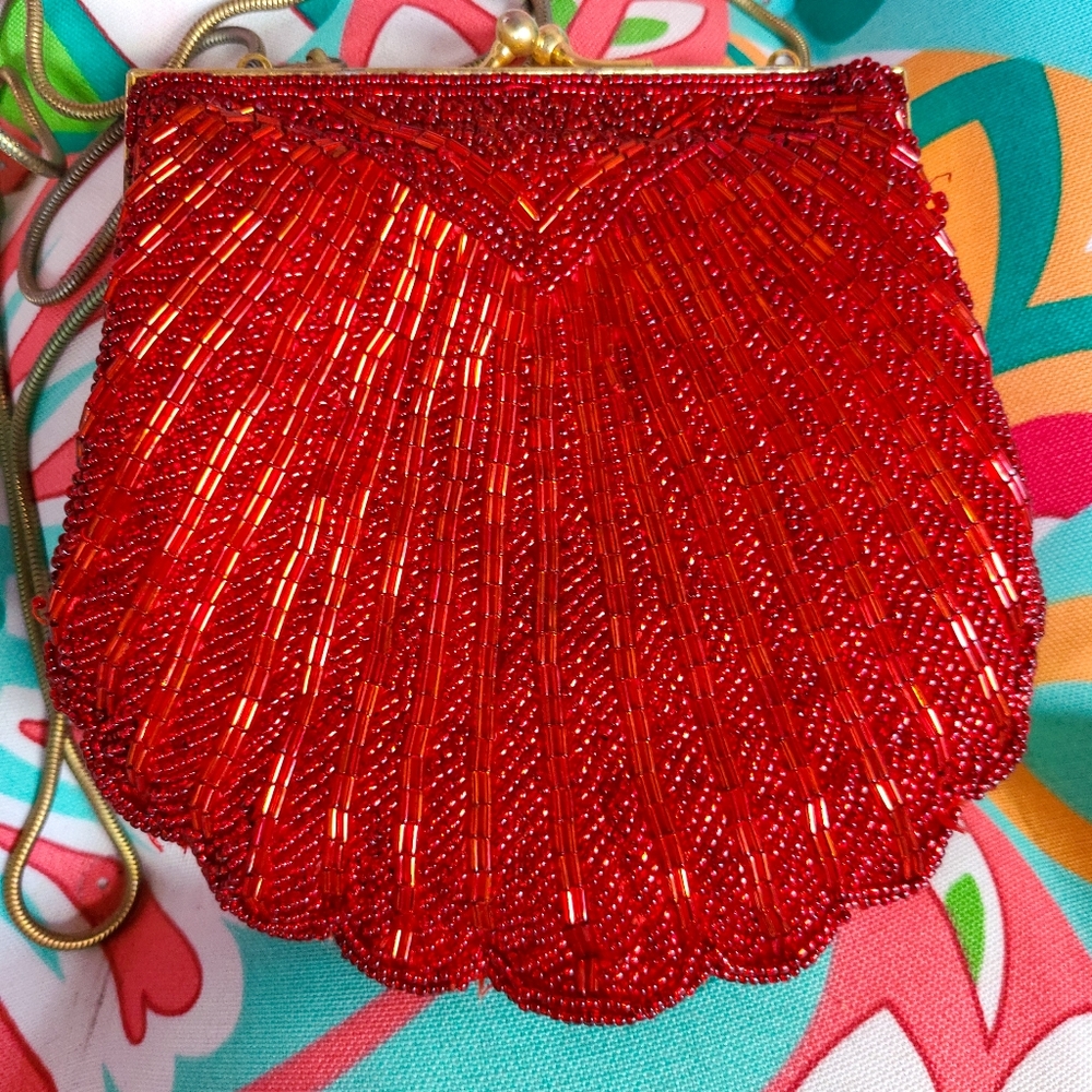 red and gold beaded purse